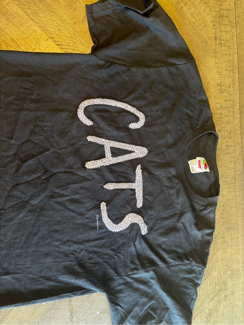 Fruit of the Loom Black Tee with Rhinestone 'CATS' Script